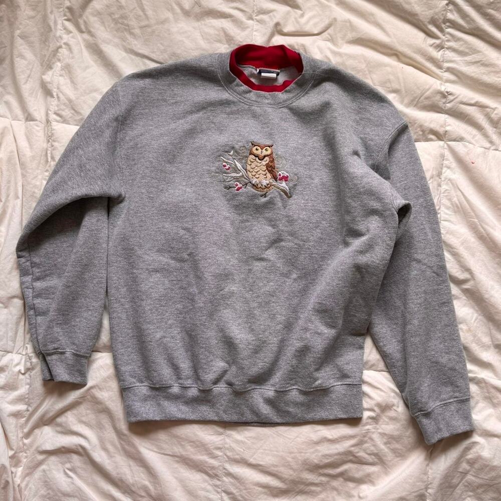 PFI Fashions vintage owl embroidery sweatshirt‎ gray crewneck women's L woodland